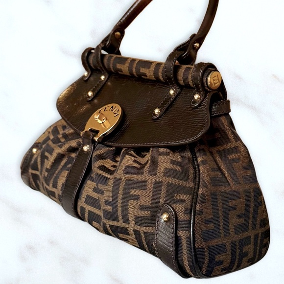 Authentic Vintage Fendi Magic Bag Canvas Dark Brown Leather Trim Y2K 2000s Clean - Picture 3 of 10